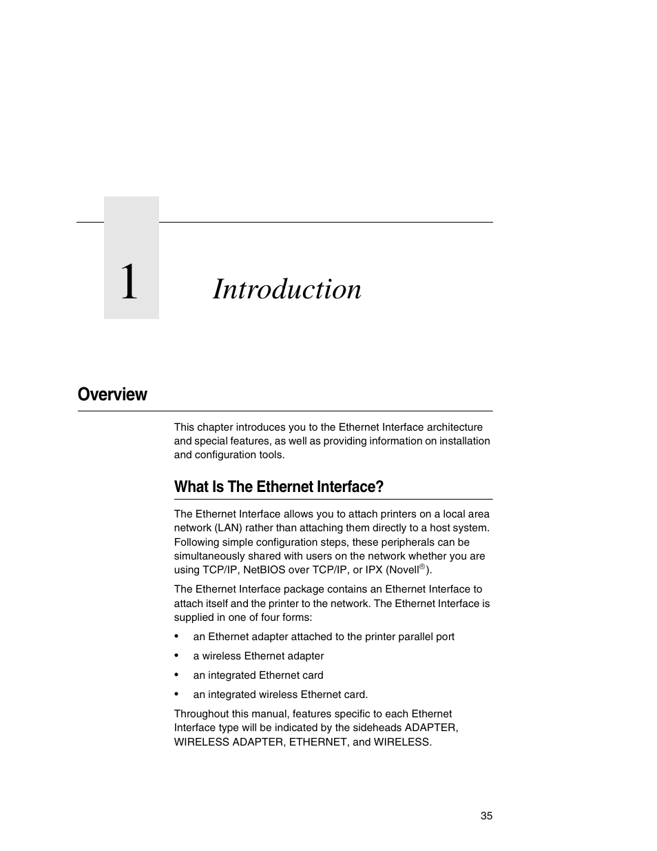 1 introduction, Overview, What is the ethernet interface | Introduction | IBM INFOPRINT 6500 User Manual | Page 35 / 398