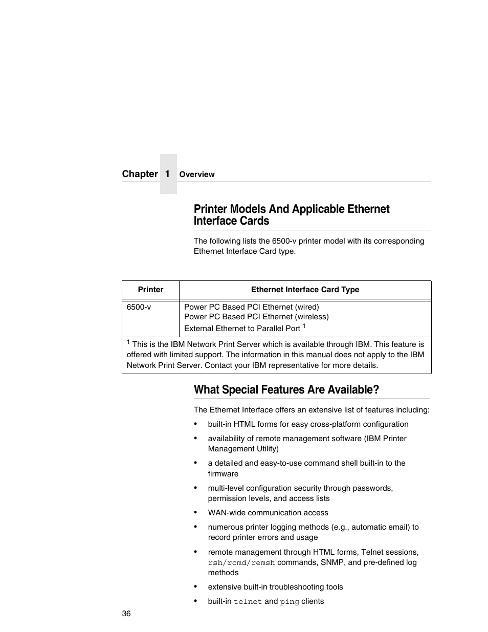 What special features are available, Printer models and applicable ethernet interface, Cards | IBM INFOPRINT 6500 User Manual | Page 36 / 398