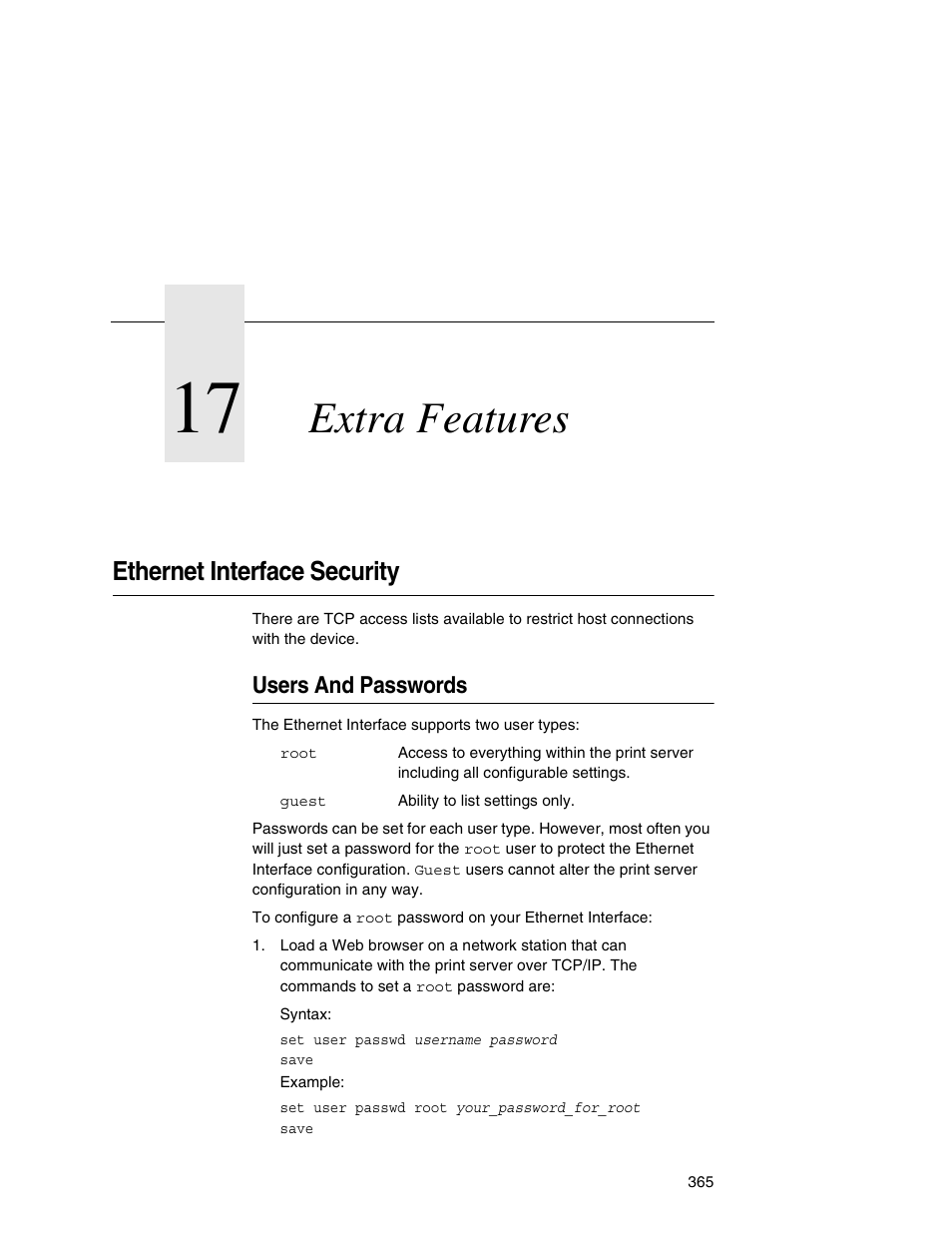 17 extra features, Ethernet interface security, Users and passwords | Extra features | IBM INFOPRINT 6500 User Manual | Page 365 / 398