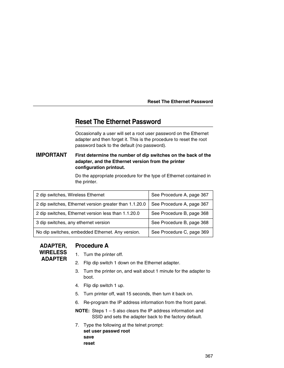 Reset the ethernet password, Procedure a | IBM INFOPRINT 6500 User Manual | Page 367 / 398