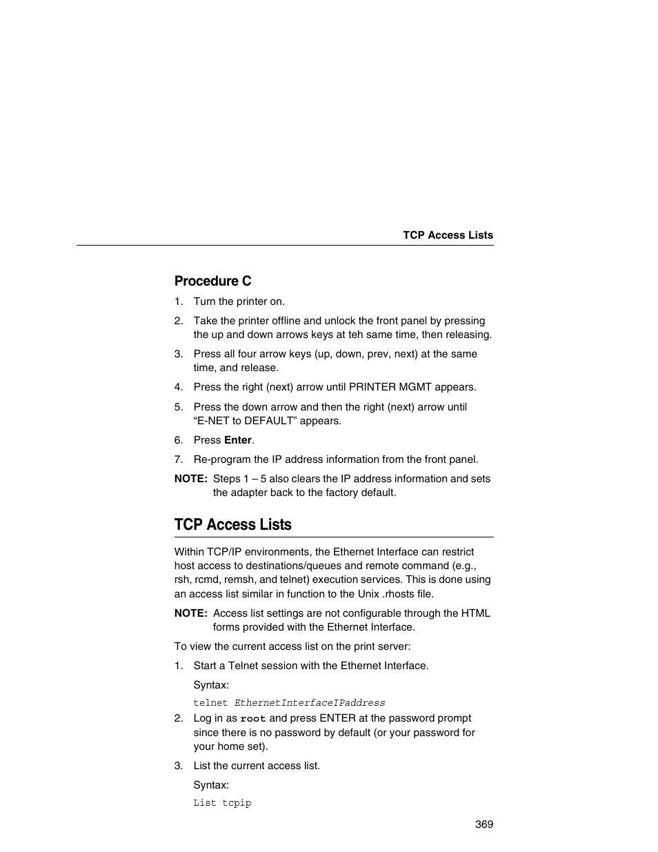 Tcp access lists, Procedure c | IBM INFOPRINT 6500 User Manual | Page 369 / 398