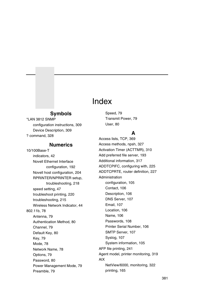 Symbols, Numerics, Index | IBM INFOPRINT 6500 User Manual | Page 381 / 398