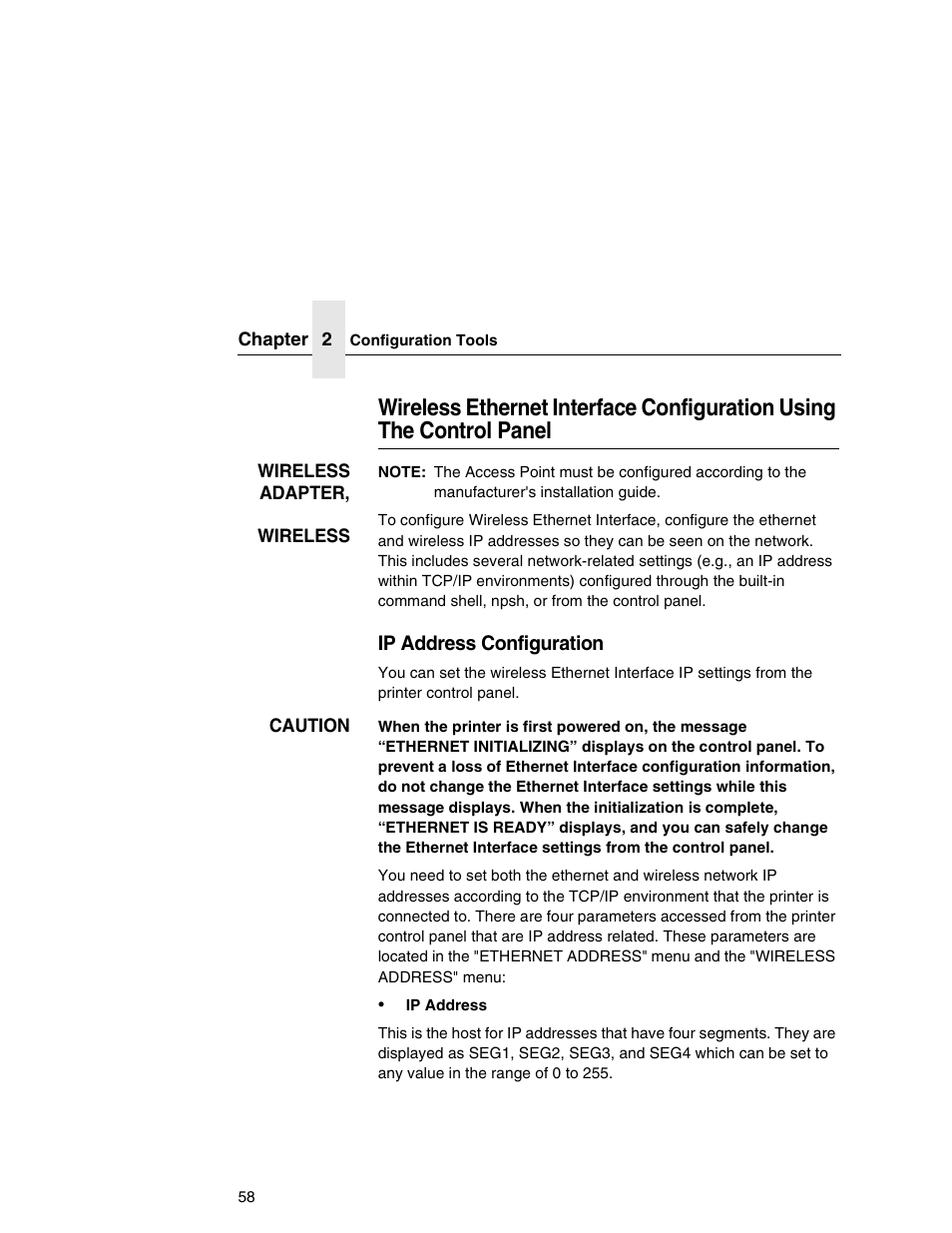 Wireless ethernet interface configuration using, The control panel | IBM INFOPRINT 6500 User Manual | Page 58 / 398