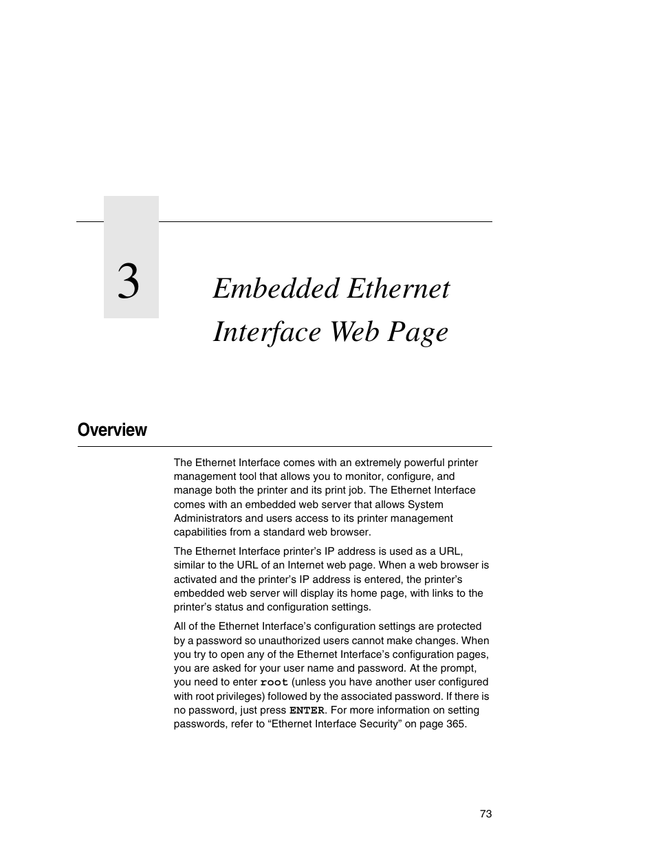 Overview, Embedded ethernet interface web, Embedded ethernet interface web page | IBM INFOPRINT 6500 User Manual | Page 73 / 398