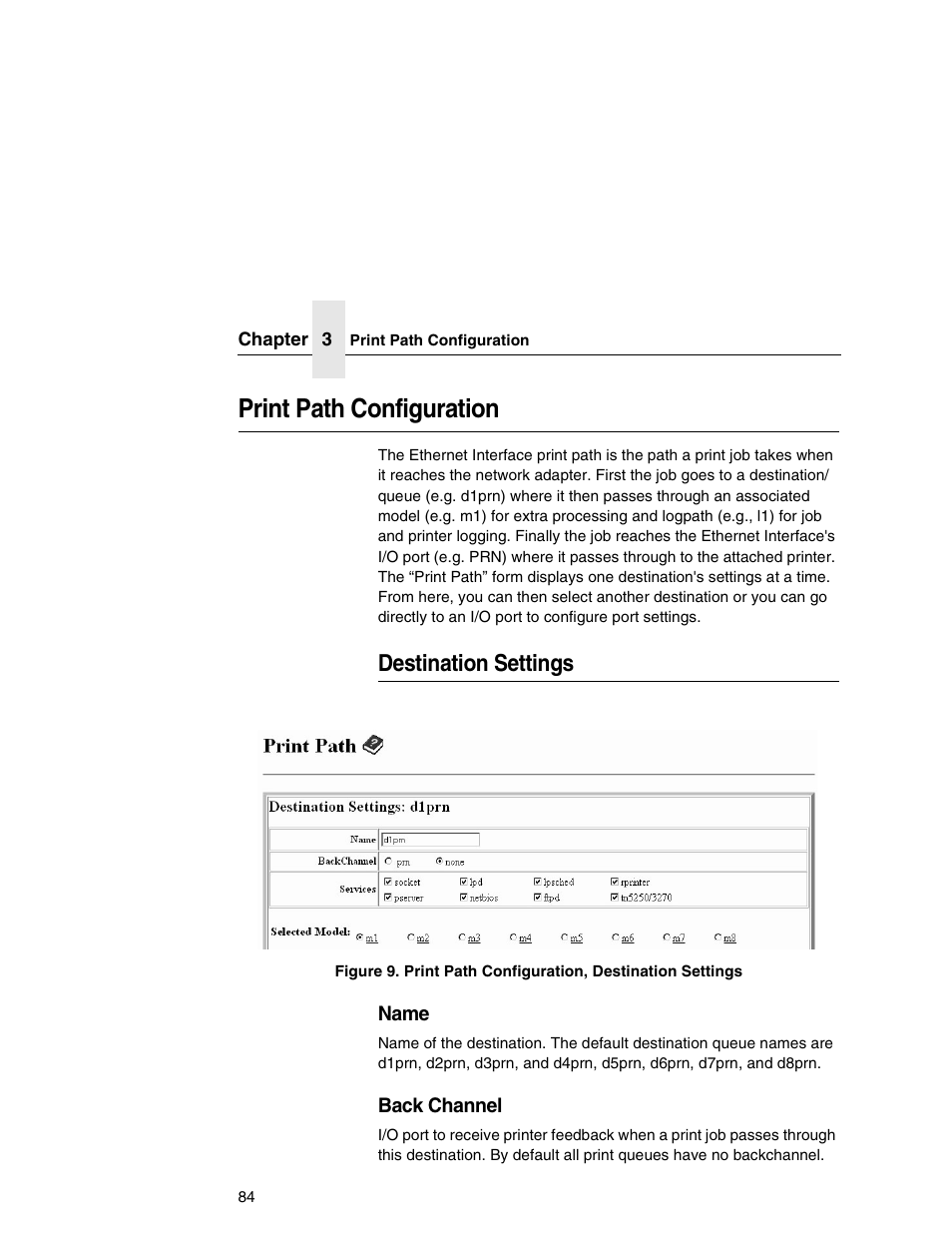 Print path configuration, Destination settings | IBM INFOPRINT 6500 User Manual | Page 84 / 398