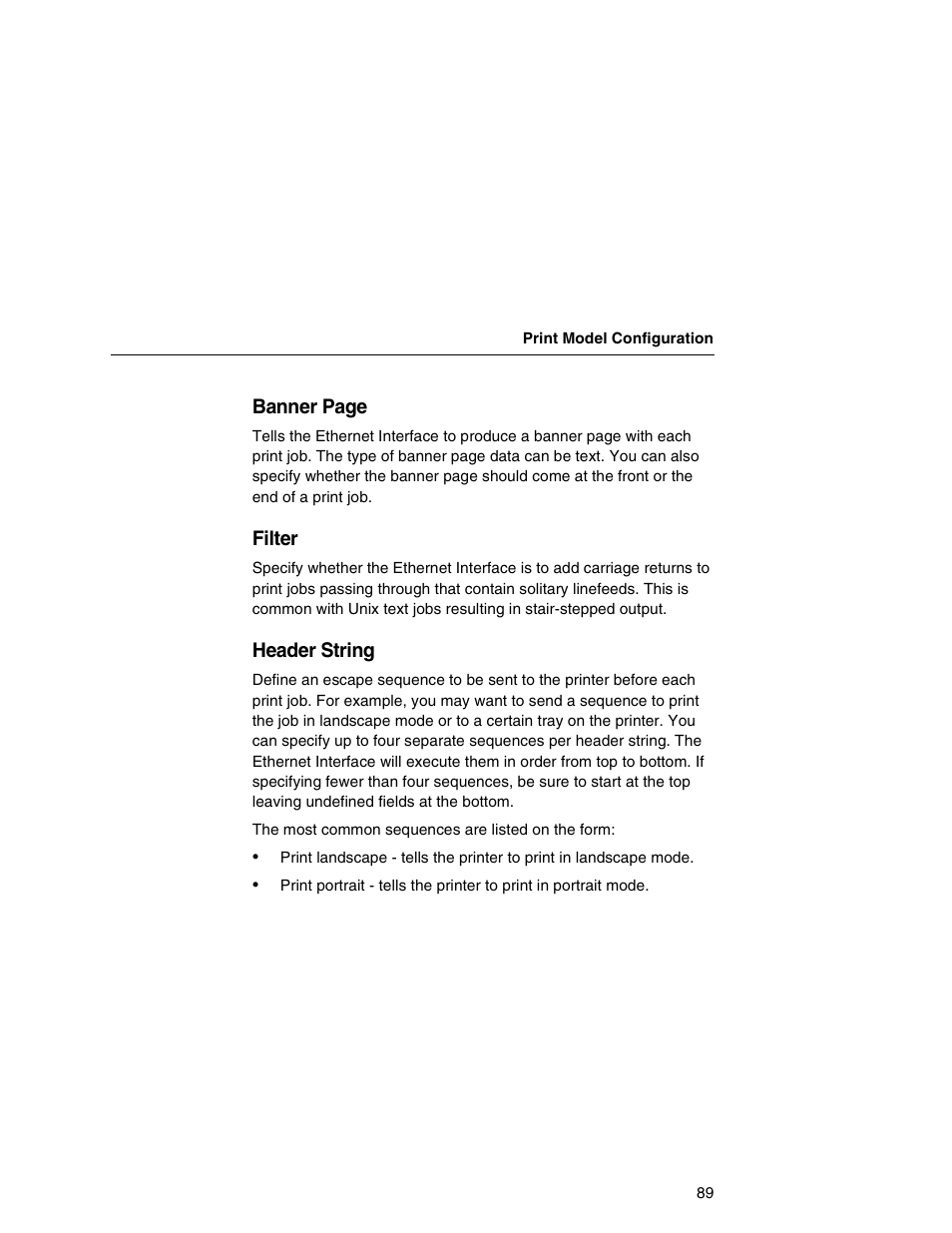 Banner page, Filter, Header string | IBM INFOPRINT 6500 User Manual | Page 89 / 398