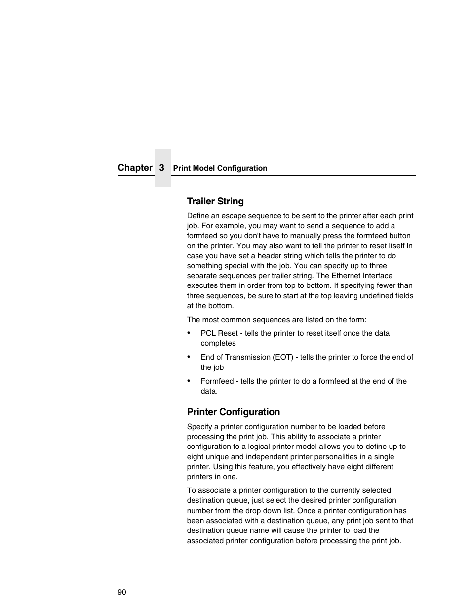 Trailer string, Printer configuration | IBM INFOPRINT 6500 User Manual | Page 90 / 398