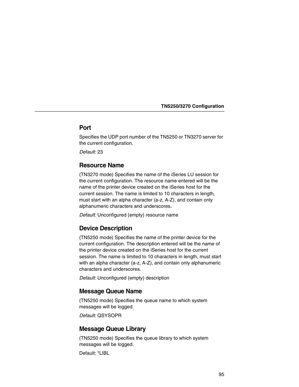 Port, Resource name, Device description | Message queue name, Message queue library | IBM INFOPRINT 6500 User Manual | Page 95 / 398
