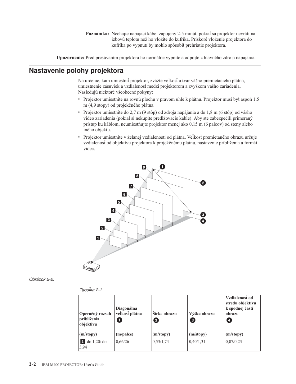 Nastavenie polohy projektora, Nastavenie, Polohy | Projektora | IBM M400 User Manual | Page 22 / 82