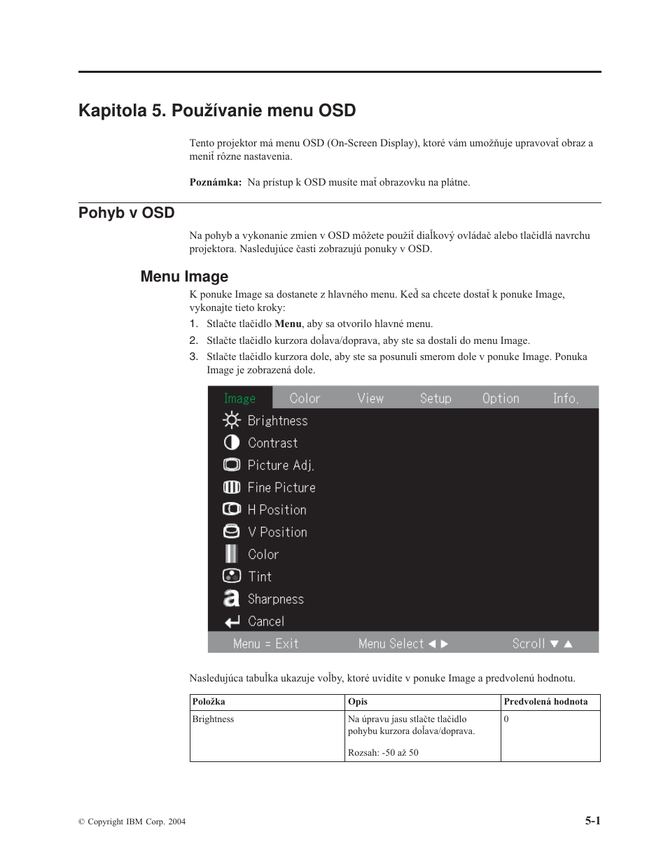 Kapitola 5. používanie menu osd, Pohyb v osd, Menu image | Kapitola, Používanie, Menu, Pohyb, Image | IBM M400 User Manual | Page 33 / 82