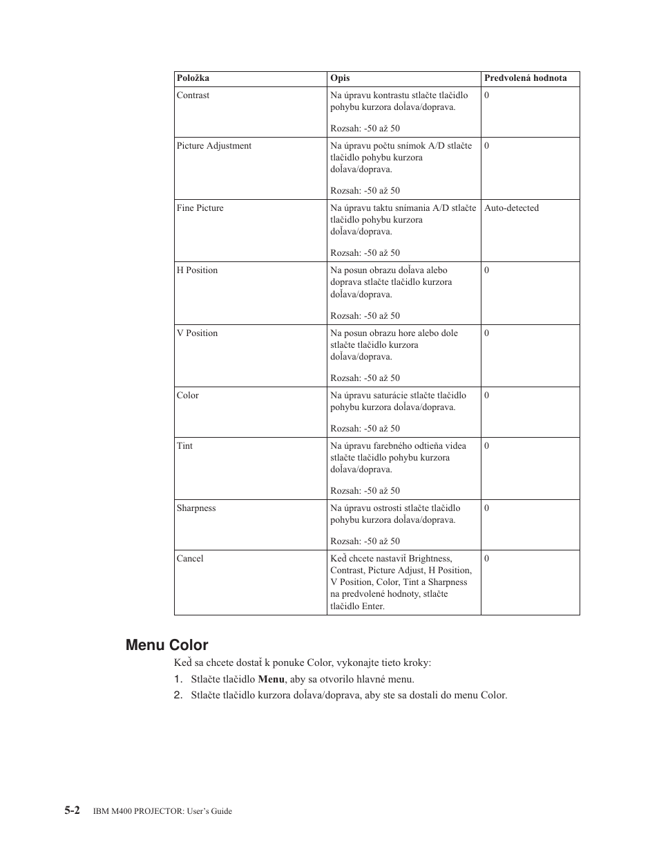 Menu color, Menu, Color | IBM M400 User Manual | Page 34 / 82