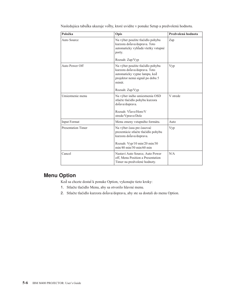 Menu option, Menu, Option | IBM M400 User Manual | Page 38 / 82