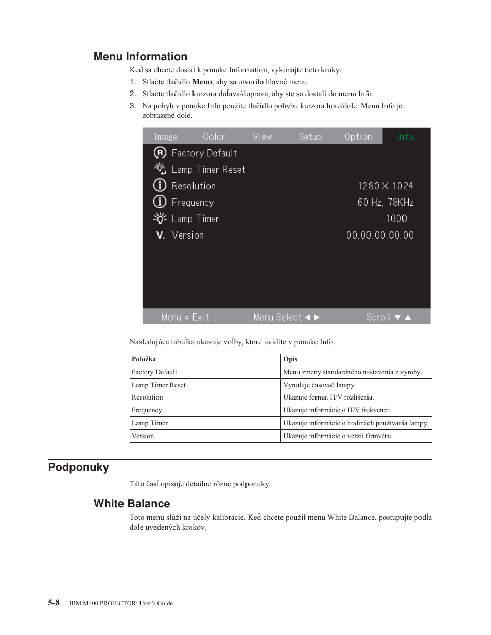 Menu information, Podponuky, White balance | Menu, Information, White, Balance | IBM M400 User Manual | Page 40 / 82