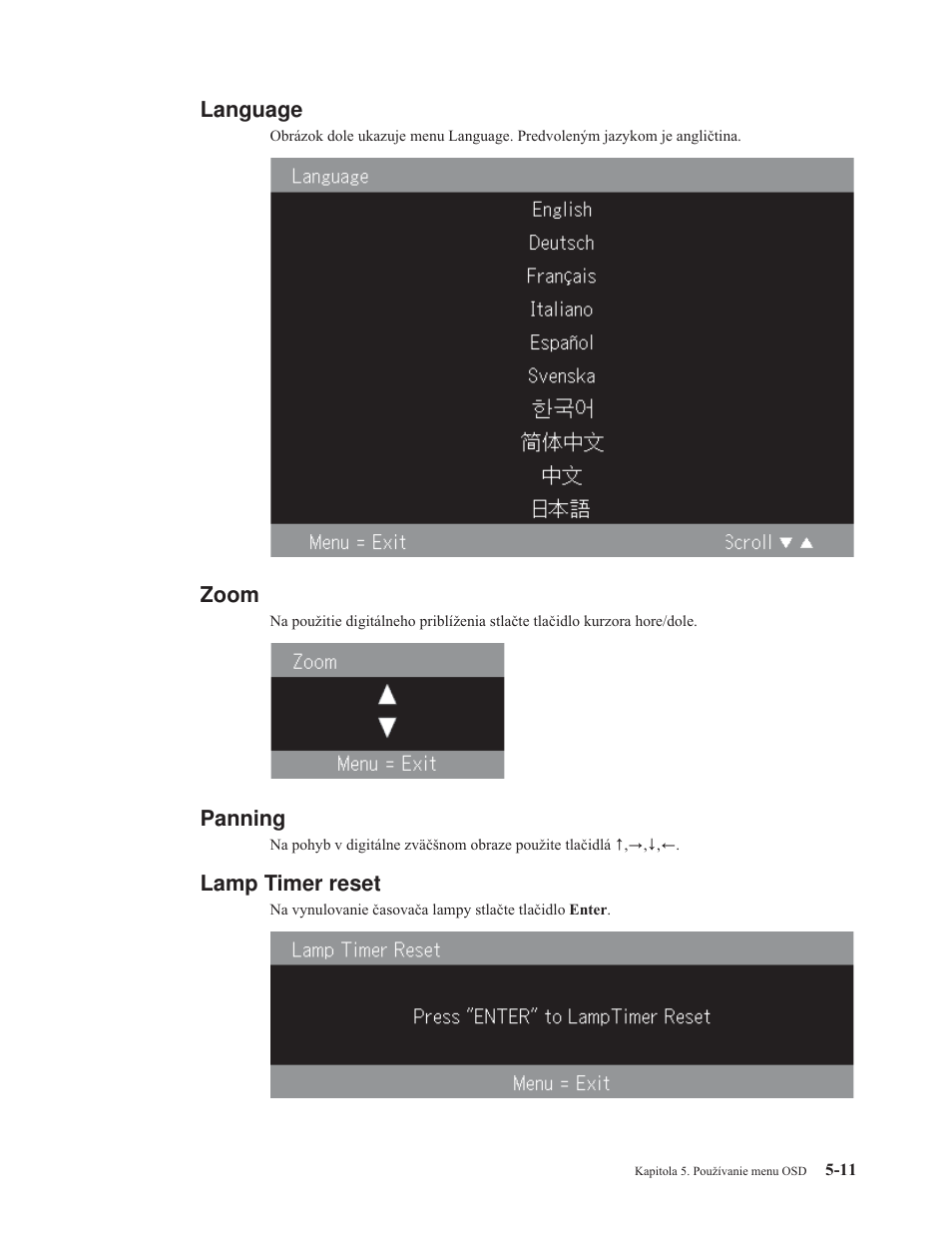 Language, Zoom, Panning | Lamp timer reset, Lamp, Timer, Reset | IBM M400 User Manual | Page 43 / 82