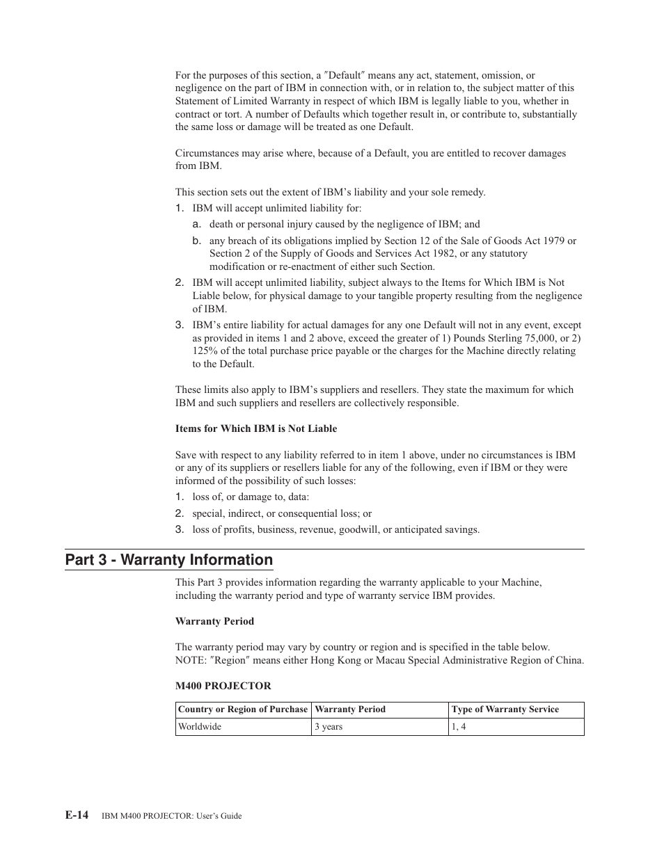 Part 3 - warranty information, Part, Warranty | Information, E-14 | IBM M400 User Manual | Page 72 / 82