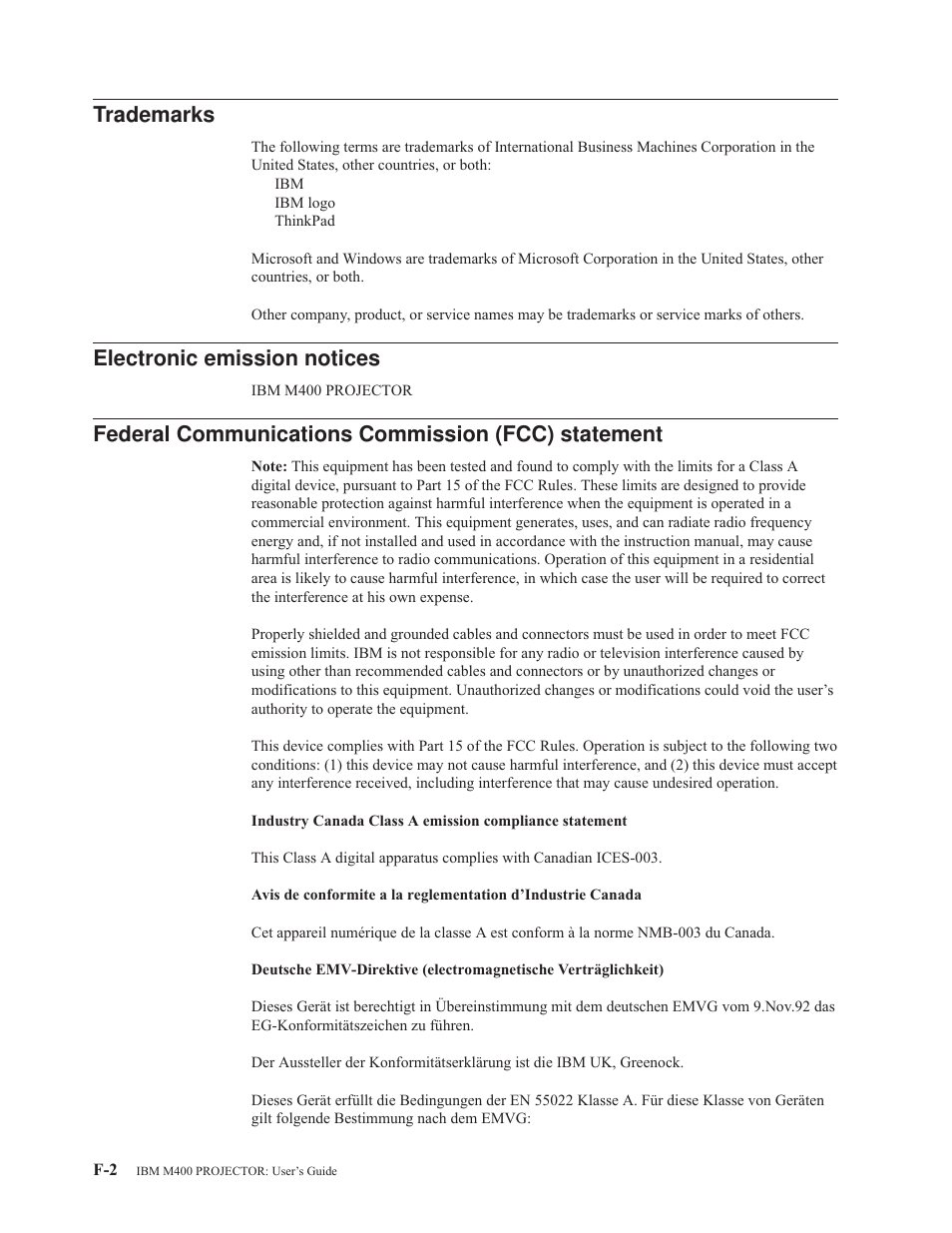 Trademarks, Electronic emission notices, Federal communications commission (fcc) statement | Electronic, Emission, Notices, Federal, Communications, Commission, Fcc) | IBM M400 User Manual | Page 76 / 82