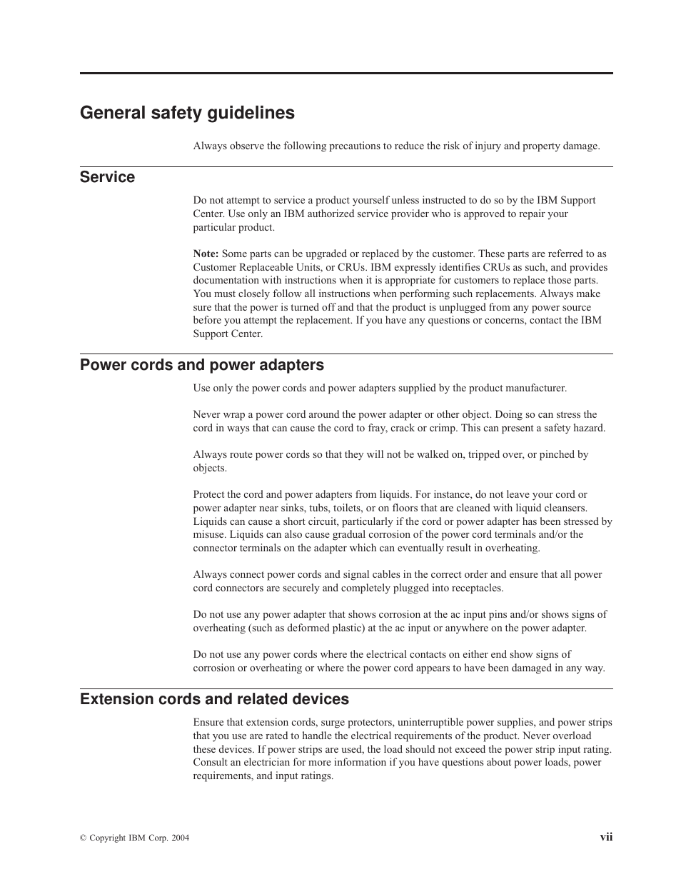 General safety guidelines, Service, Power cords and power adapters | Extension cords and related devices, General, Safety, Guidelines, Power, Cords, Adapters | IBM M400 User Manual | Page 9 / 82