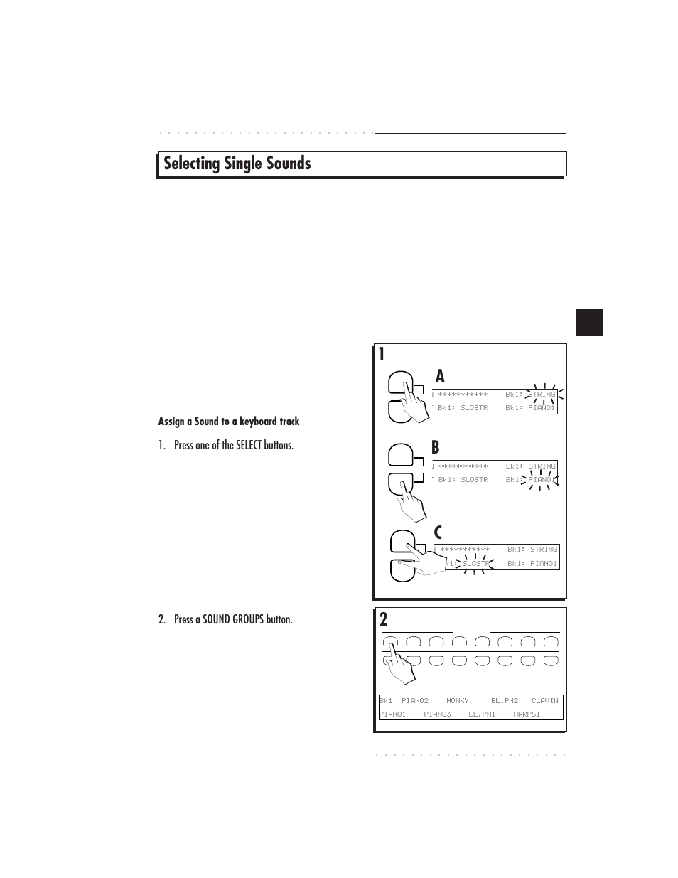 Selecting single sounds, Sounds & presets 4•3, Press one of the select buttons | Press a sound groups button | IBM PS1500 User Manual | Page 67 / 112