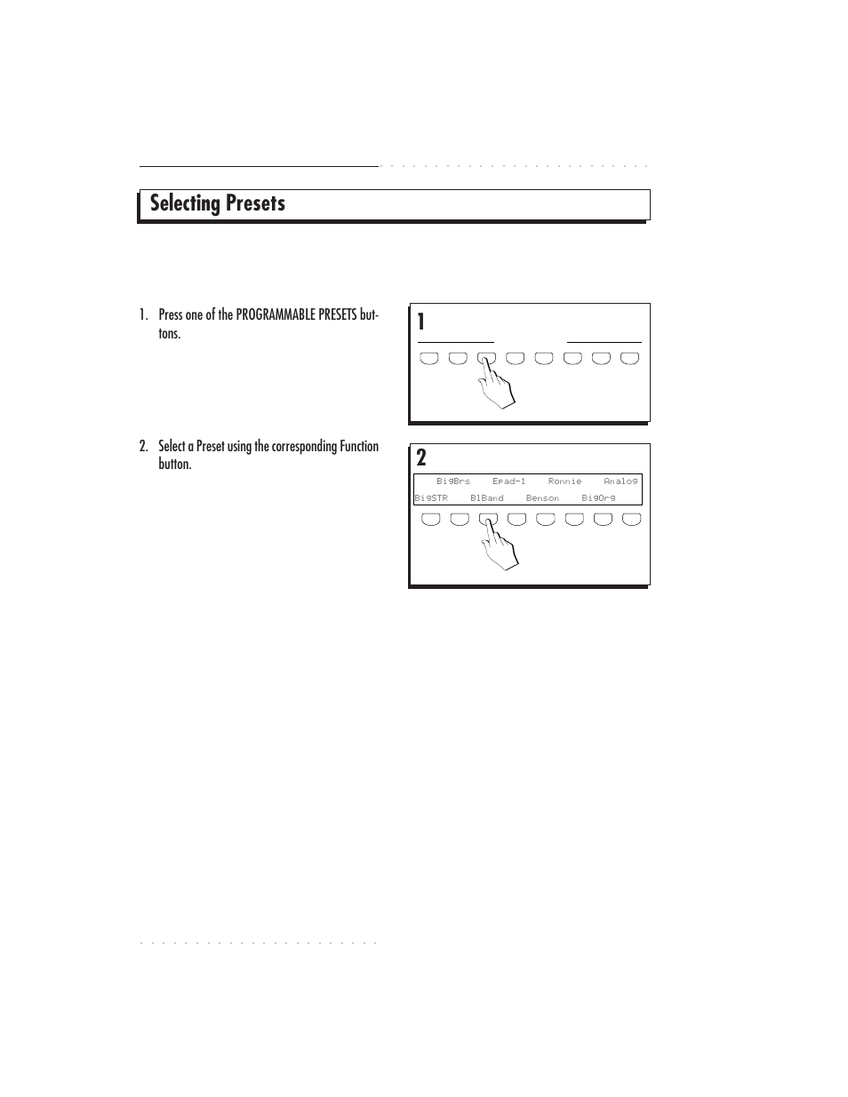 Selecting presets, 4•6 user guide, Press one of the programmable presets but- tons | IBM PS1500 User Manual | Page 70 / 112