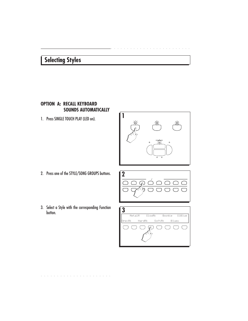 Selecting styles, 5•2 user guide, Option a: recall keyboard sounds automatically | Press single touch play (led on), Press one of the style/song groups buttons | IBM PS1500 User Manual | Page 90 / 112