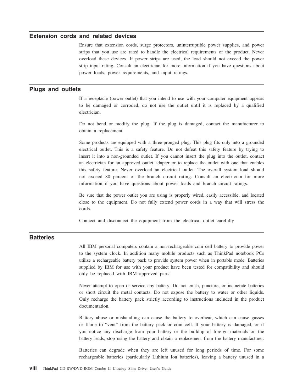 Extension cords and related devices, Viii, Plugs and outlets | Batteries | IBM ThinkPad 73P3292 User Manual | Page 10 / 52