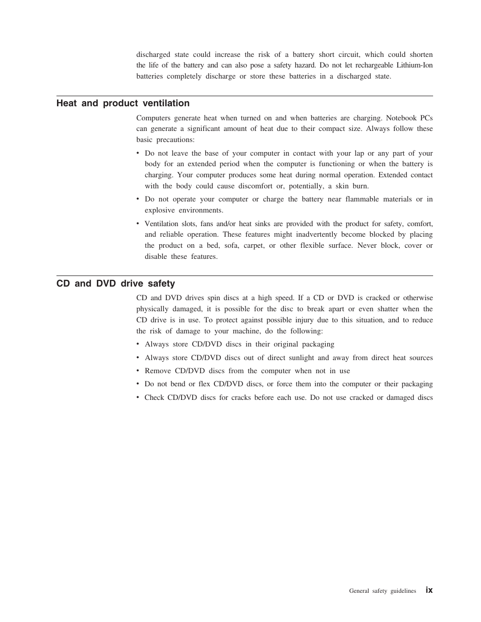 Heat and product ventilation, Cd and dvd drive safety | IBM ThinkPad 73P3292 User Manual | Page 11 / 52