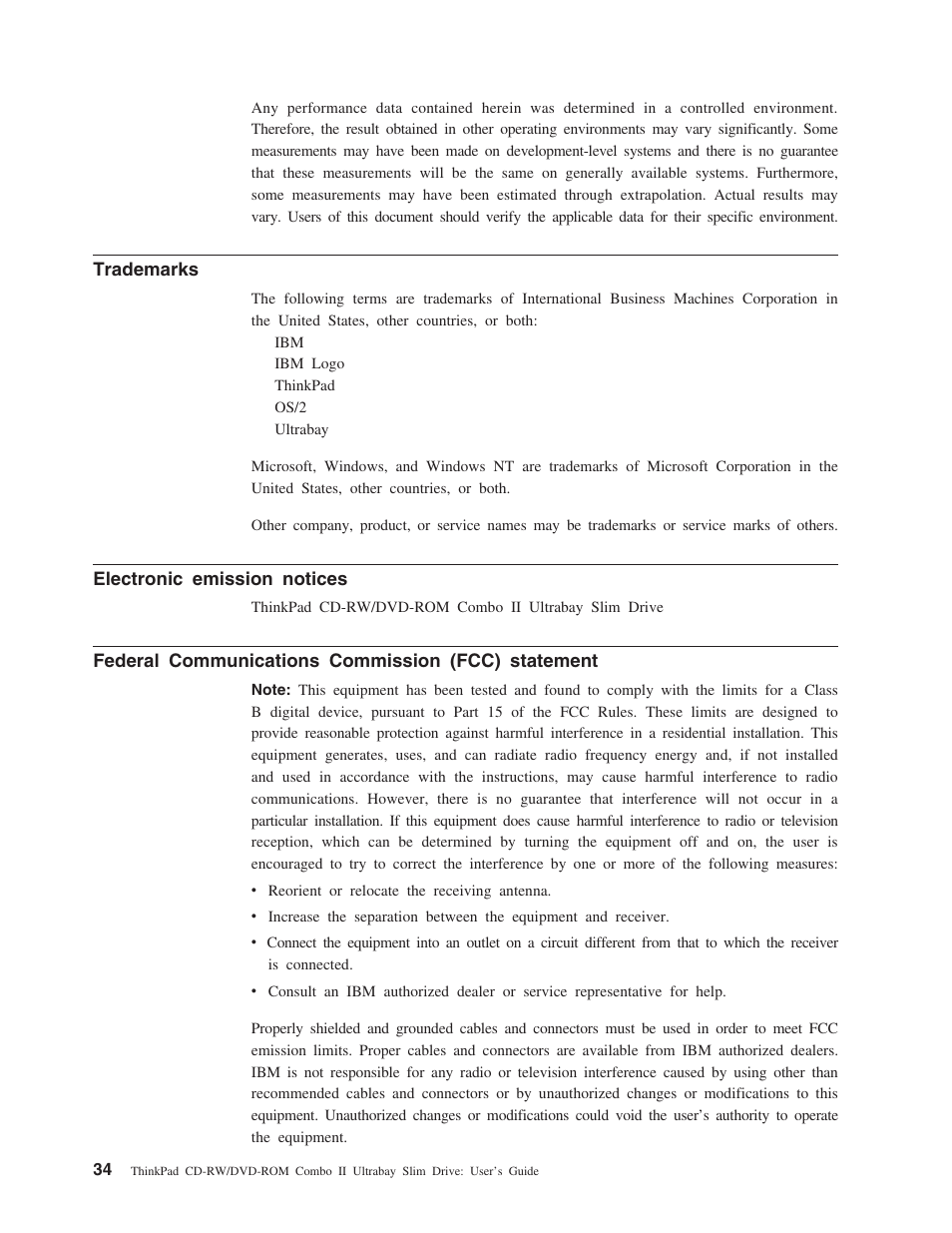 Trademarks, Electronic emission notices, Federal communications commission (fcc) statement | IBM ThinkPad 73P3292 User Manual | Page 48 / 52