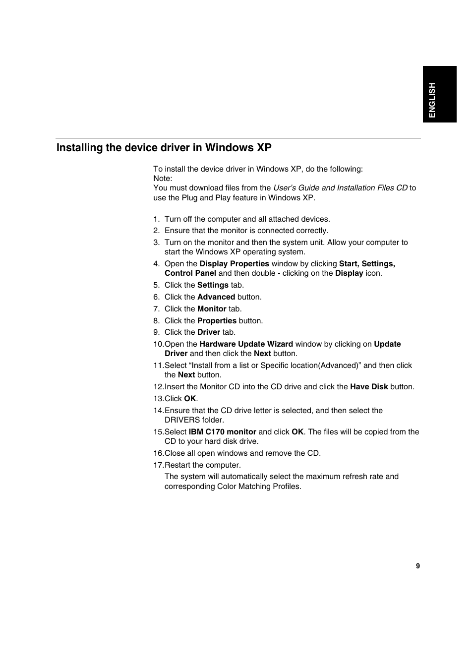 Installing the device driver in windows xp | IBM C170 User Manual | Page 11 / 25