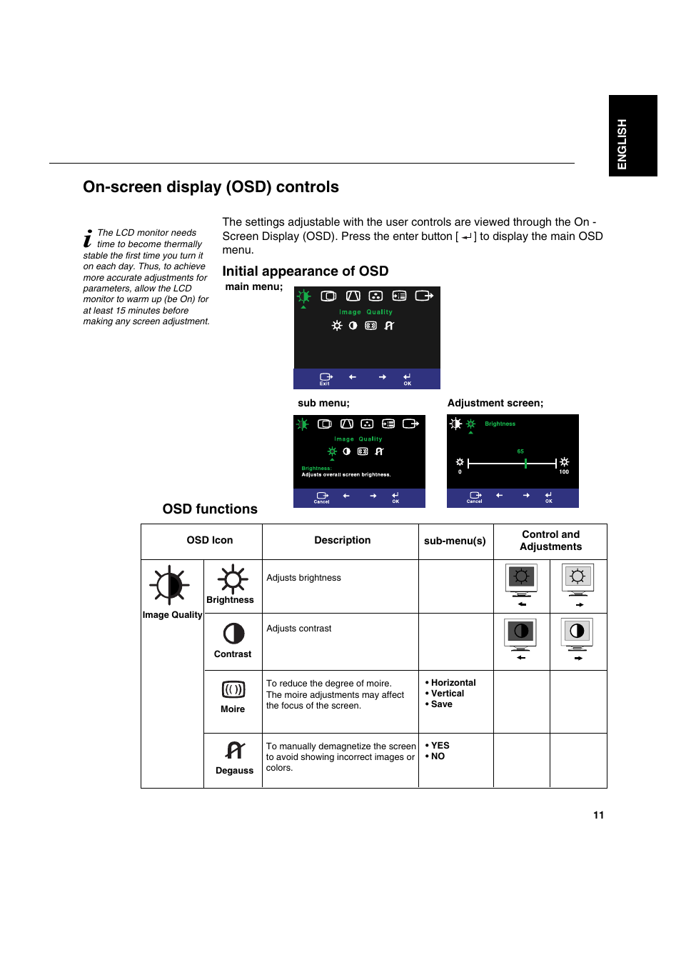 On-screen display (osd) controls, Initial appearance of osd, Osd functions | IBM C170 User Manual | Page 13 / 25