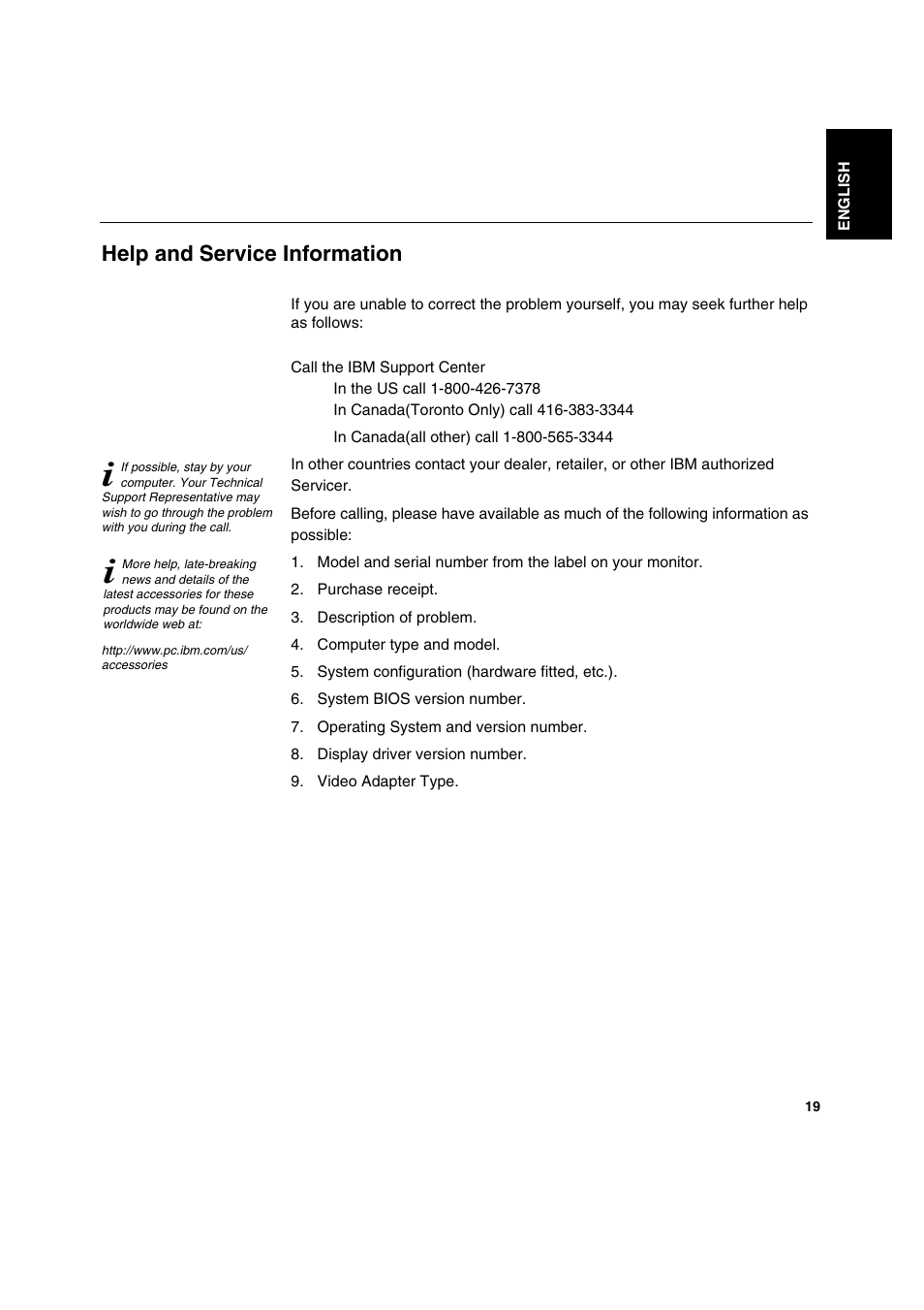 Help and service information | IBM C170 User Manual | Page 21 / 25