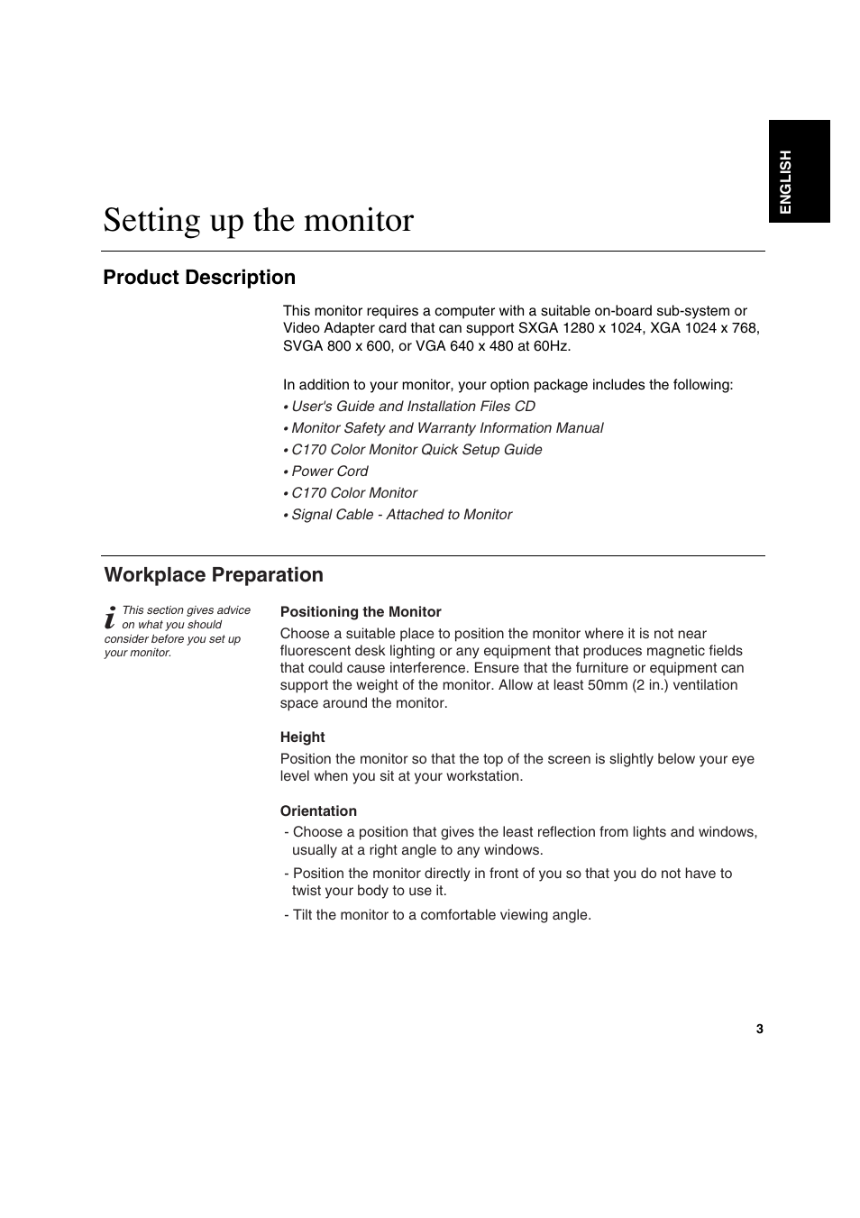 Setting up the monitor, Product description, Workplace preparation | IBM C170 User Manual | Page 5 / 25