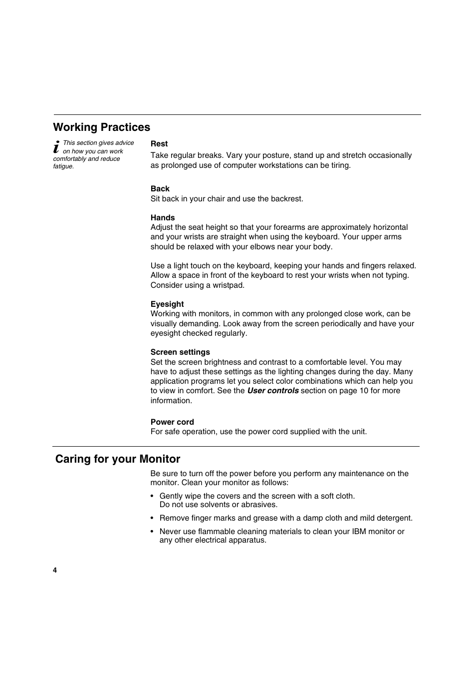 Working practices, Caring for your monitor | IBM C170 User Manual | Page 6 / 25