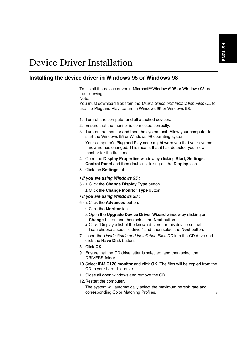 Device driver installation | IBM C170 User Manual | Page 9 / 25