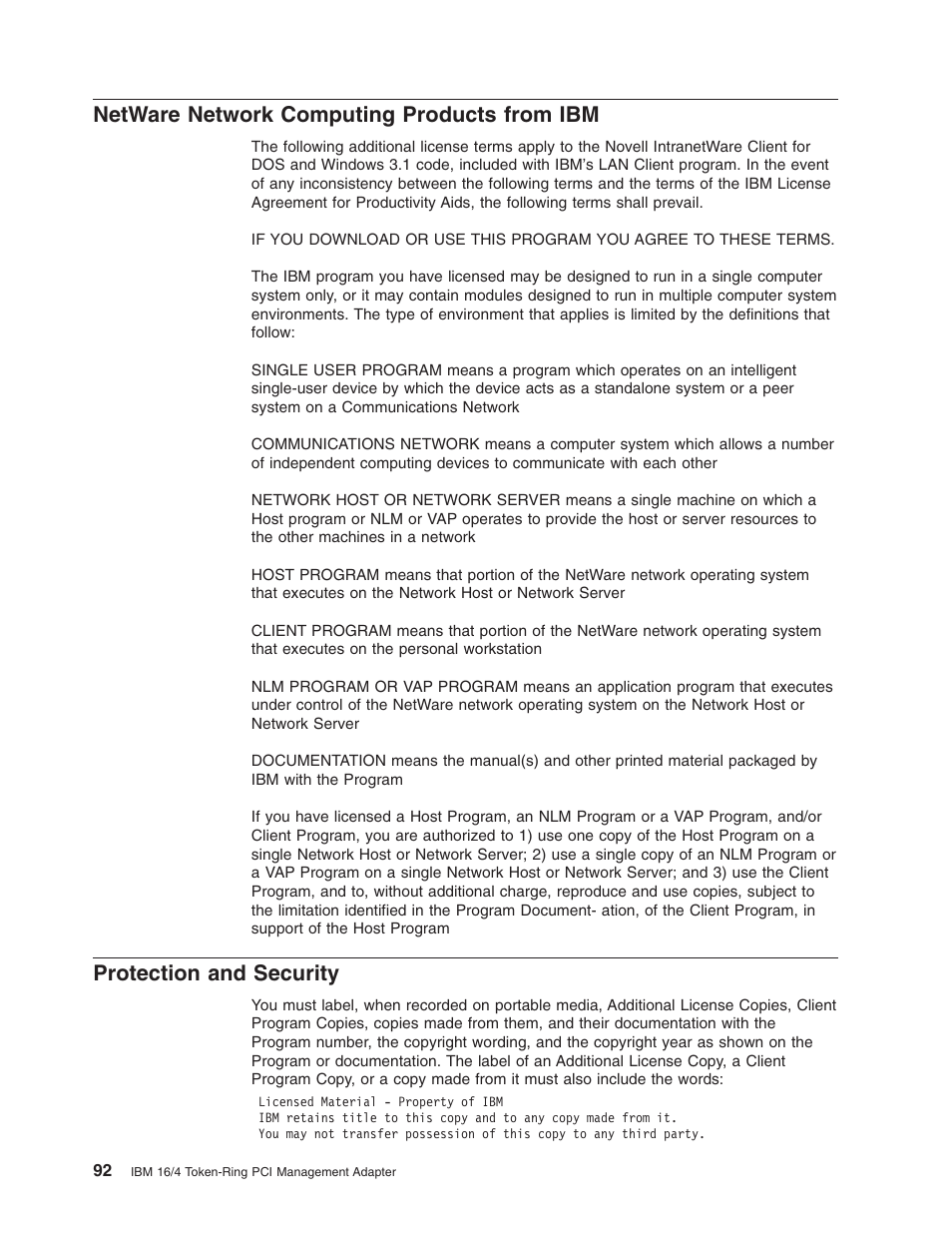 Netware network computing products from ibm, Protection and security | IBM 16/4 Token-Ring User Manual | Page 100 / 113