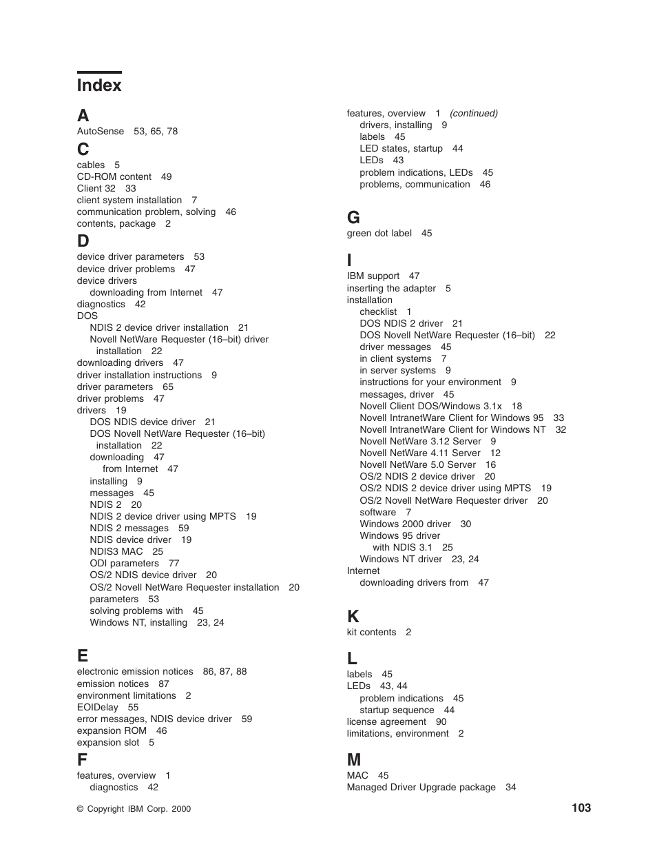 Index, Index a | IBM 16/4 Token-Ring User Manual | Page 111 / 113