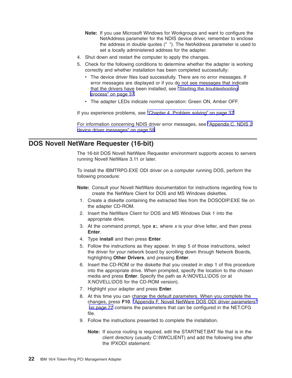 Dos novell netware requester (16-bit) | IBM 16/4 Token-Ring User Manual | Page 30 / 113