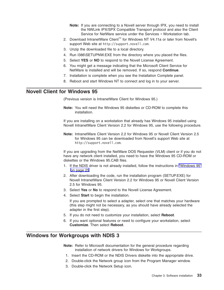 Novell client for windows 95, Windows for workgroups with ndis 3 | IBM 16/4 Token-Ring User Manual | Page 41 / 113
