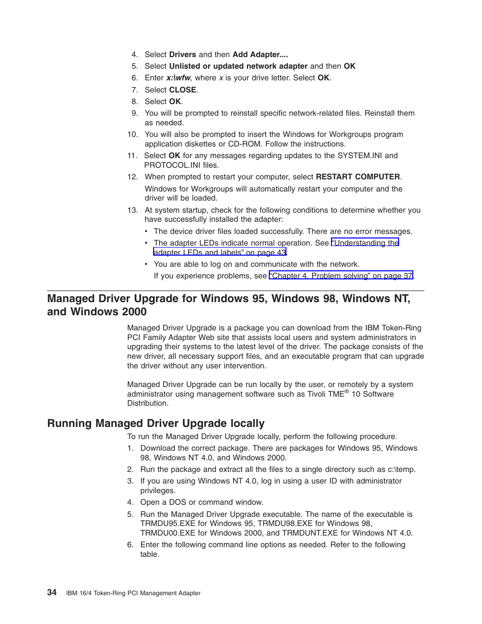 Running managed driver upgrade locally, Windows 2000 | IBM 16/4 Token-Ring User Manual | Page 42 / 113