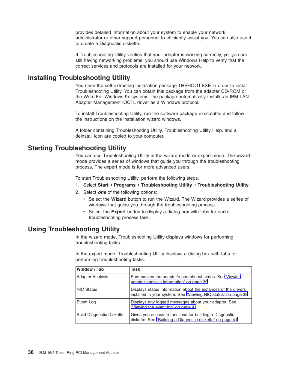 Installing troubleshooting utility, Starting troubleshooting utility, Using troubleshooting utility | IBM 16/4 Token-Ring User Manual | Page 46 / 113