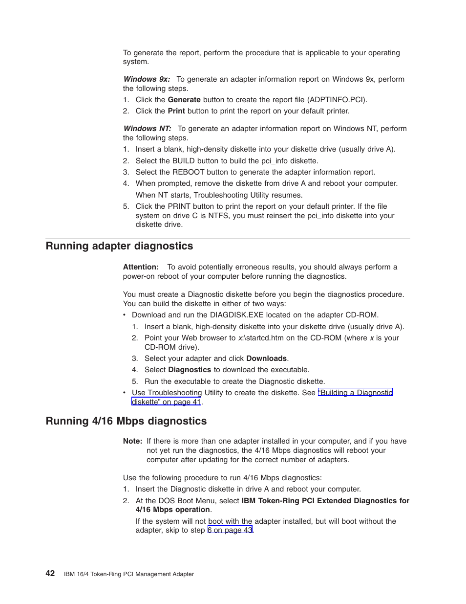Running adapter diagnostics, Running 4/16 mbps diagnostics | IBM 16/4 Token-Ring User Manual | Page 50 / 113