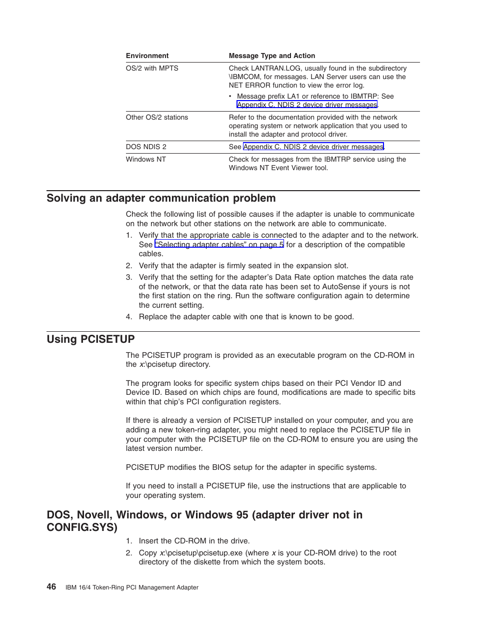 Solving an adapter communication problem, Using pcisetup, Solving an adapter communication | IBM 16/4 Token-Ring User Manual | Page 54 / 113