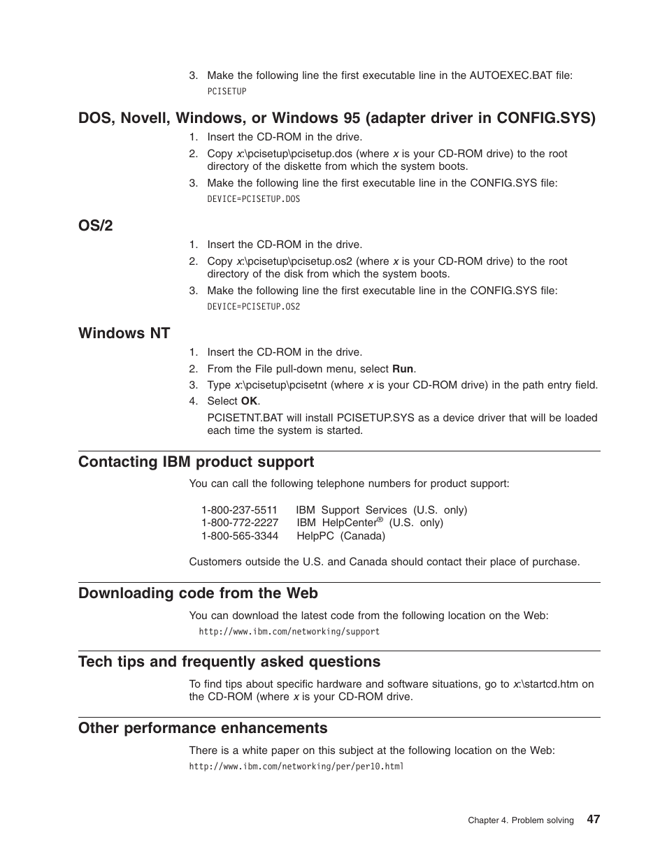 Contacting ibm product support, Downloading code from the web, Tech tips and frequently asked questions | Other performance enhancements, Os/2, Windows nt | IBM 16/4 Token-Ring User Manual | Page 55 / 113