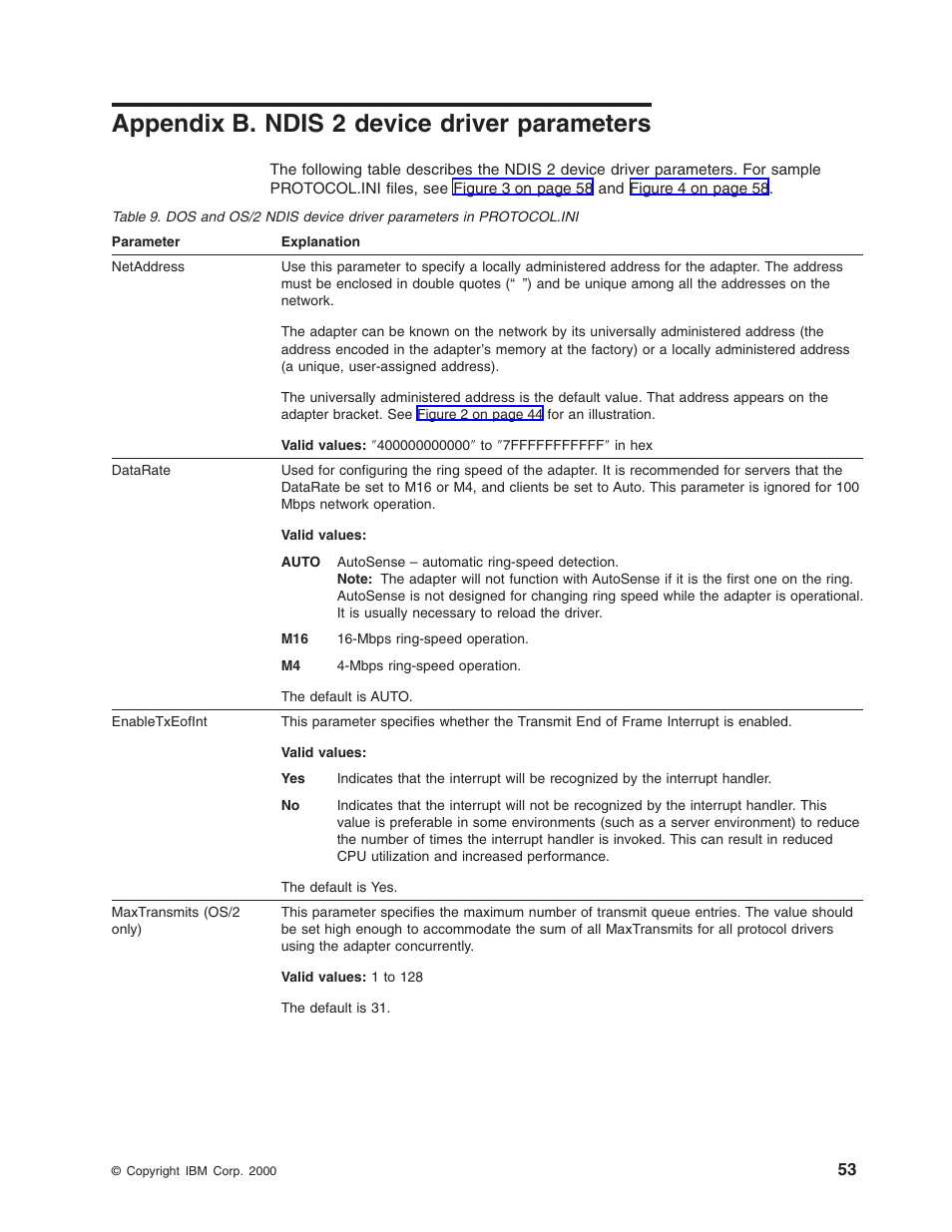 Appendix b. ndis 2 device driver parameters, Appendix b. ndis 2 device driver | IBM 16/4 Token-Ring User Manual | Page 61 / 113