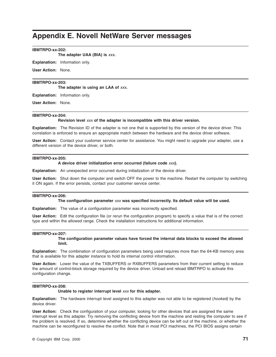 Appendix e. novell netware server messages, Appendix e. novell, Netware server messages | IBM 16/4 Token-Ring User Manual | Page 79 / 113