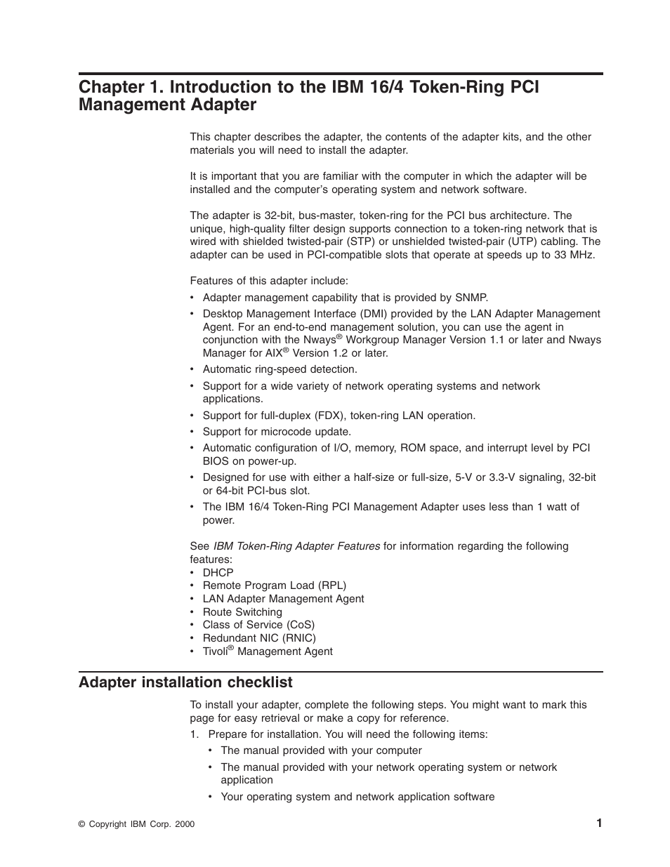 Adapter installation checklist, Adapter | IBM 16/4 Token-Ring User Manual | Page 9 / 113