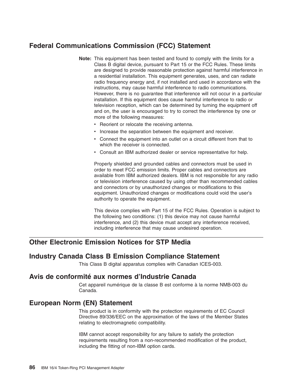 Federal communications commission (fcc) statement, Other electronic emission notices for stp media, Avis de conformité aux normes d’industrie canada | European norm (en) statement | IBM 16/4 Token-Ring User Manual | Page 94 / 113