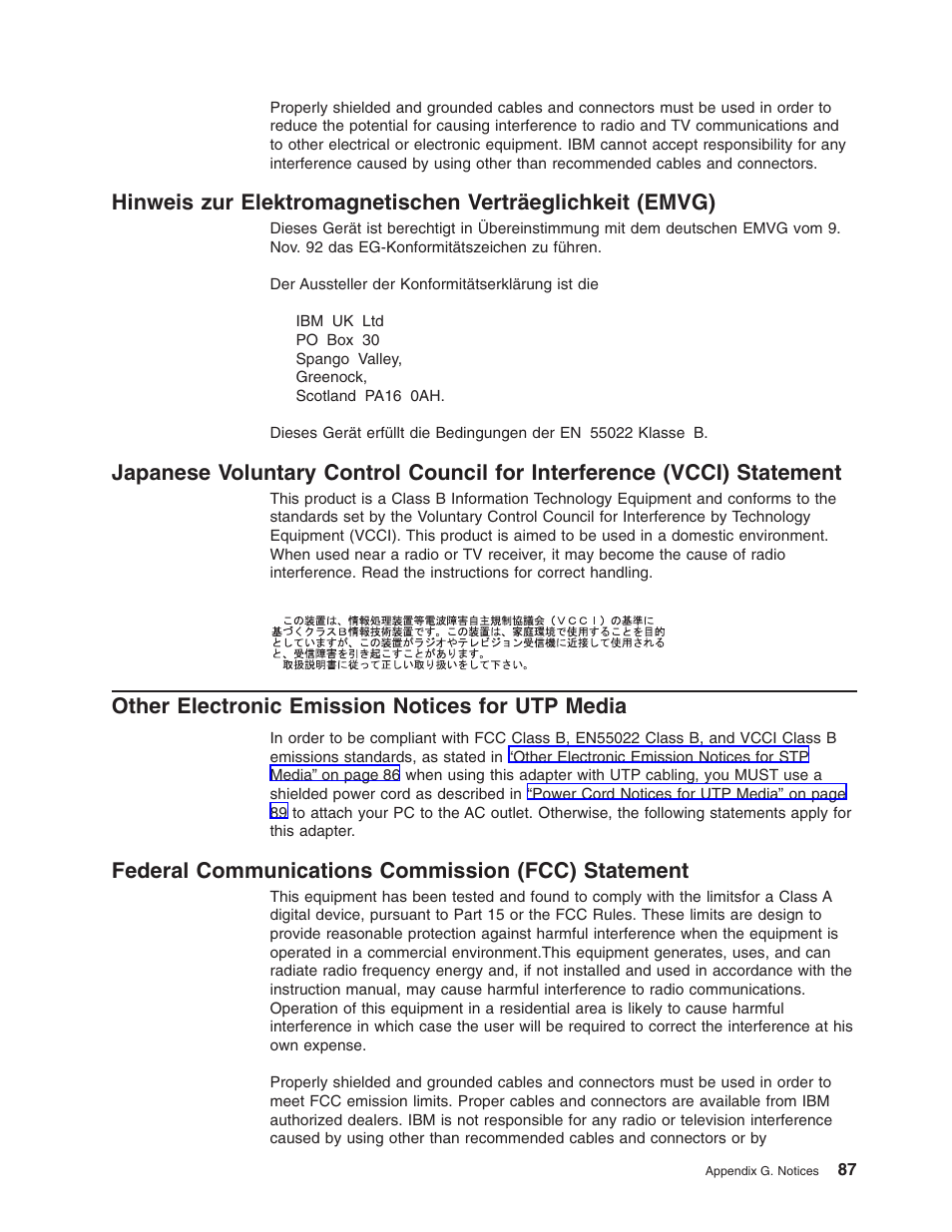 Other electronic emission notices for utp media, Federal communications commission (fcc) statement | IBM 16/4 Token-Ring User Manual | Page 95 / 113