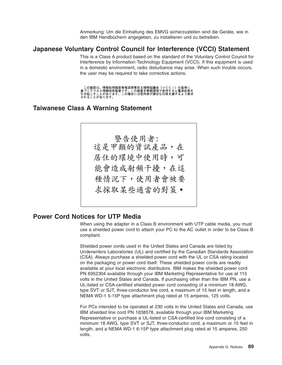 Taiwanese class a warning statement, Power cord notices for utp media | IBM 16/4 Token-Ring User Manual | Page 97 / 113