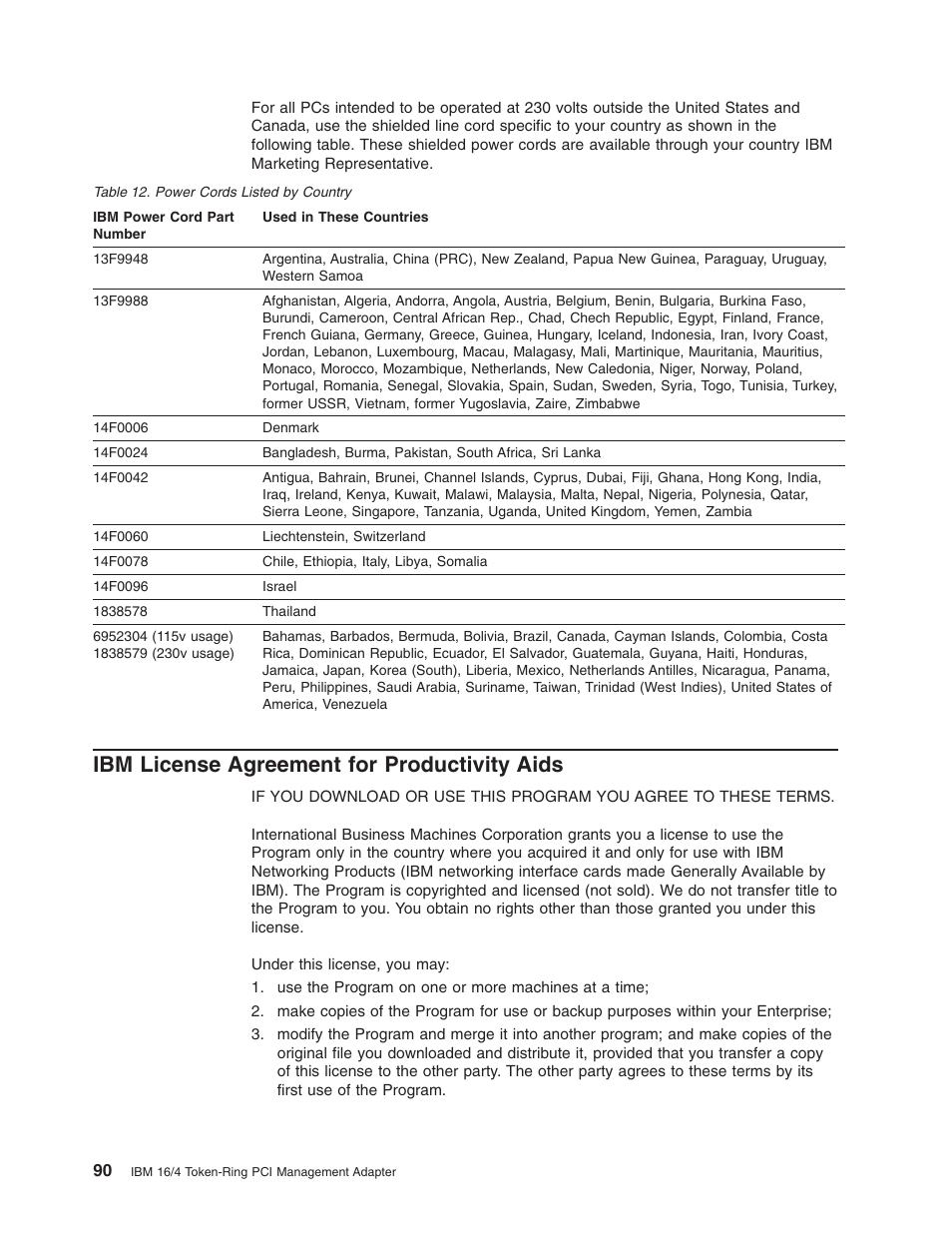 Ibm license agreement for productivity aids | IBM 16/4 Token-Ring User Manual | Page 98 / 113