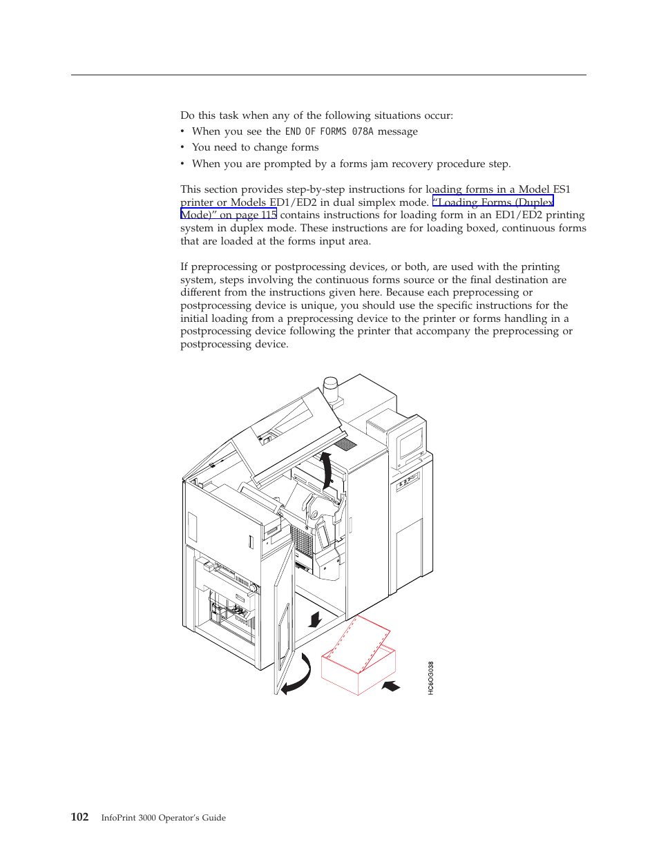 Loading forms (simplex or dual simplex mode), Loading forms (simplex or dual simplex, Loading | Loading forms (simplex or | IBM INFO PRINT 3000 User Manual | Page 134 / 346